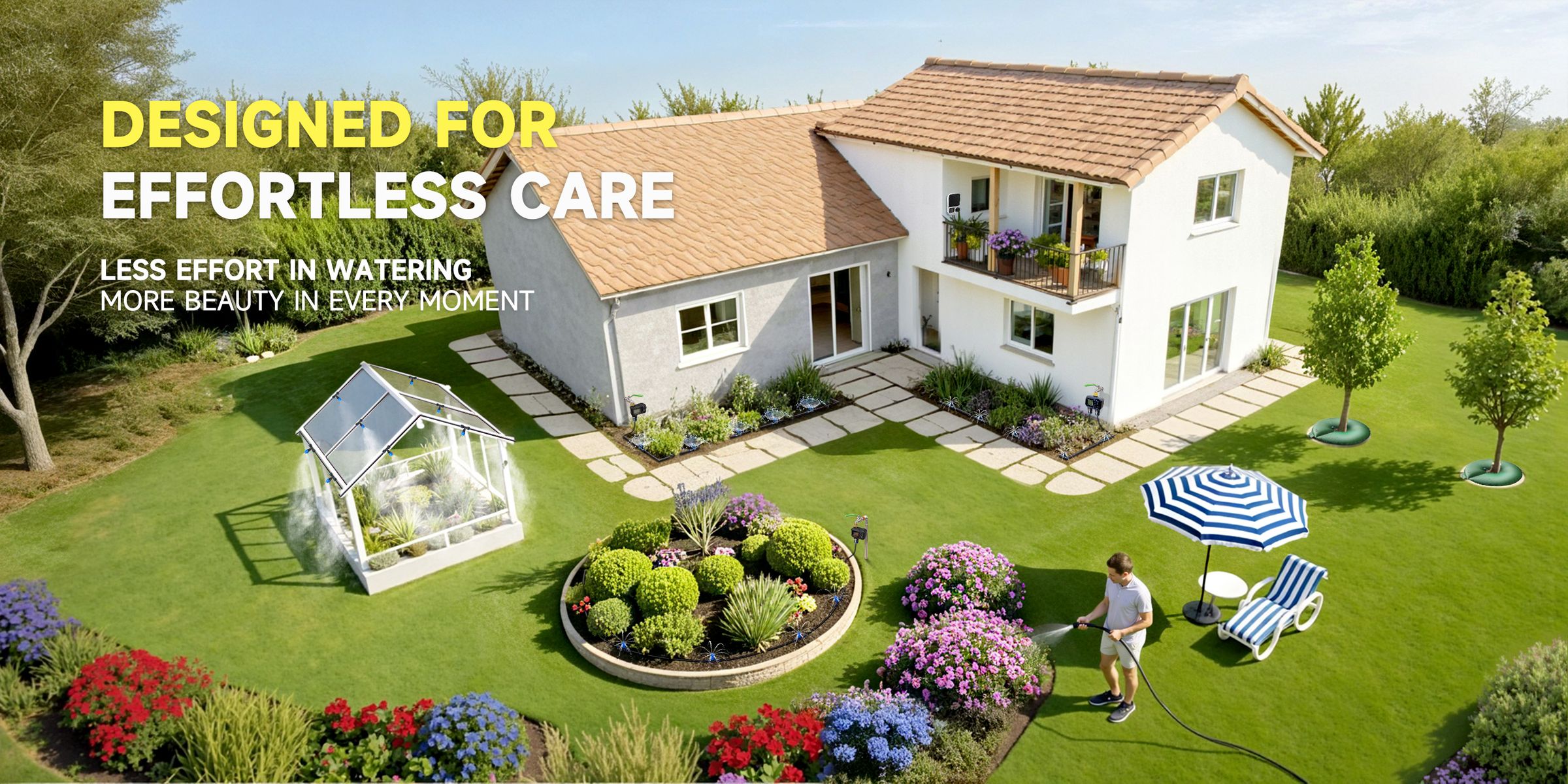 HIRALIY — designed for effortless care: a garden with drip-watered beds, a misted greenhouse and trees in watering rings