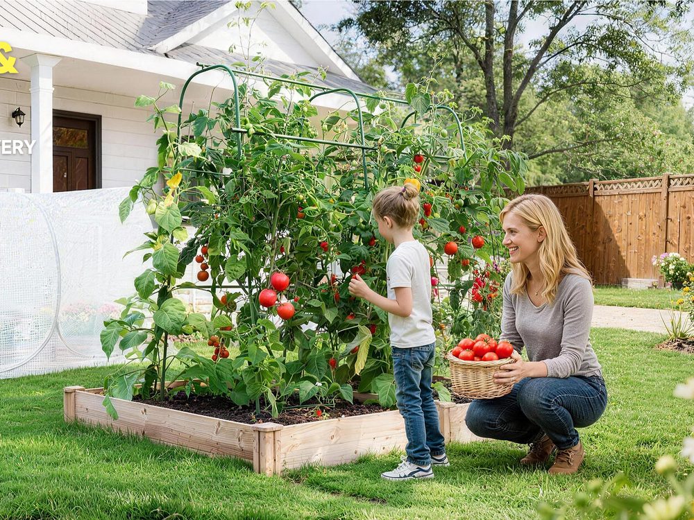 Family picking tomatoes from a raised bed