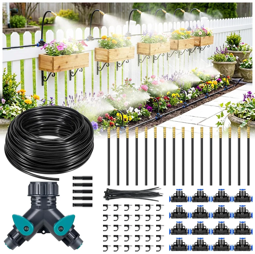 HIRALIY 100 ft Misting Irrigation Kit with Copper Nozzles